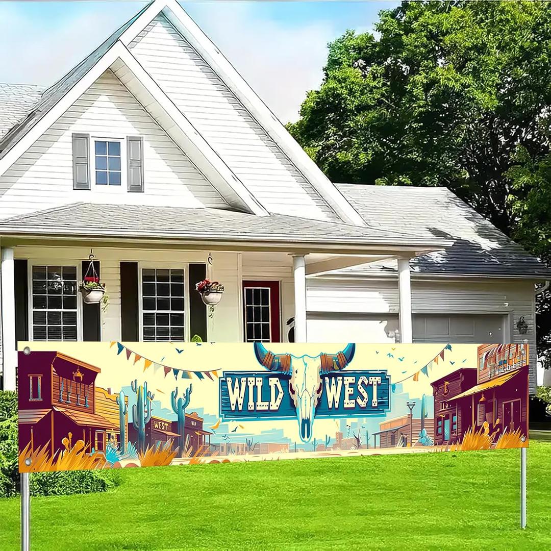 Wild West Banner 118x20 Inch Western Cowboy Backdrop with Bull Skull Sign Cartoon Town Design for Country Party Decorations Bar Saloon Ranch Wall Decor for Outdoor Event (Desert Tones)