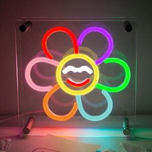 Goneons Flower Neon Sign Dimmable Multicolor Flowers Neon Lightbox for Desk, Double-Layer Smiling Face Flower LED Light up Signs for Table Bedroom Living Room Office Party Bar Restaurant Wall Decor