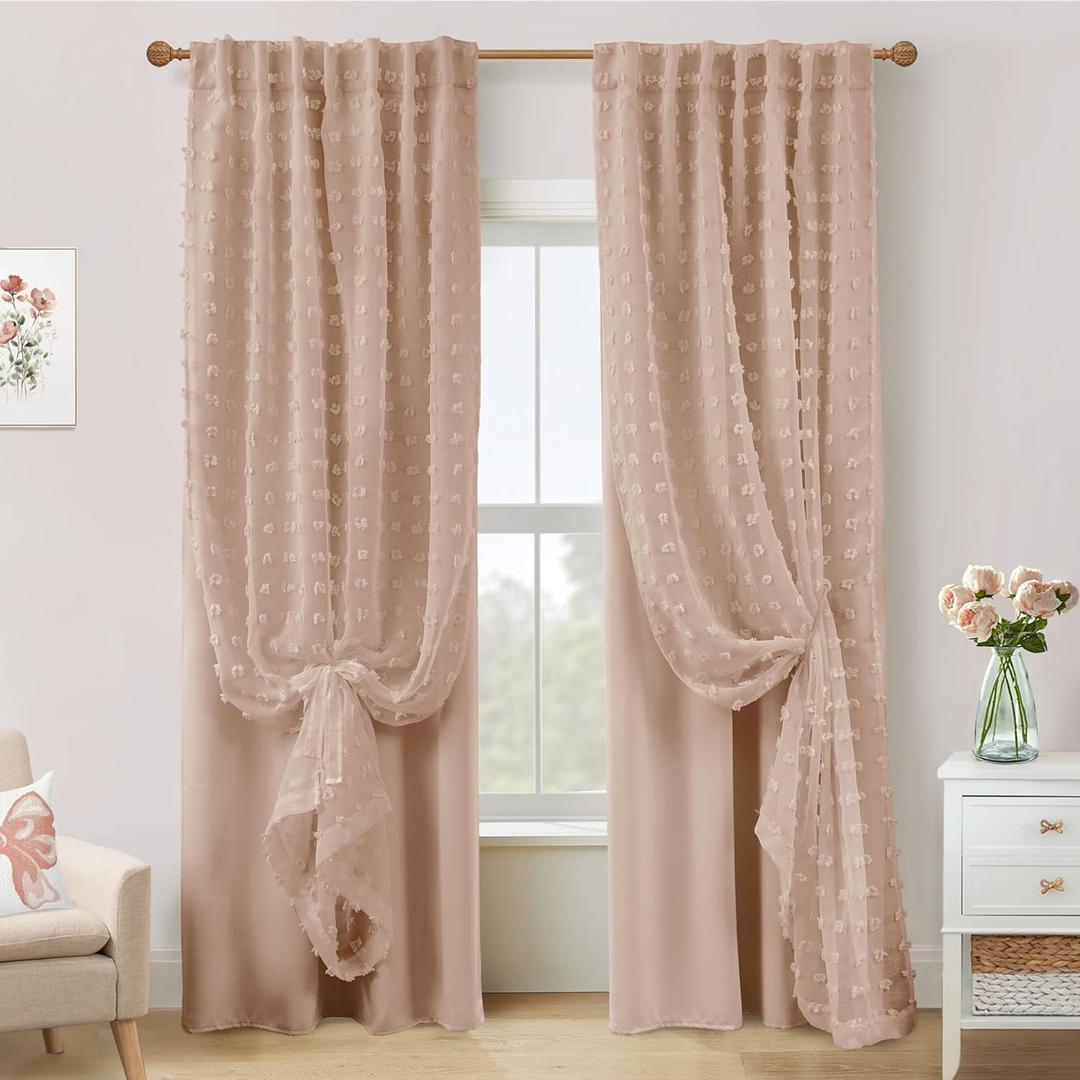 Neutral Peach Blush Pink Curtains for Baby Nursery Girl,Blackout Tufted Floral Embroidered Sheer Boho Nude Dusty Rose Curtains for Bedroom 2 Panels 84 Inches Long (50"W x 84"L (Pack of 2))