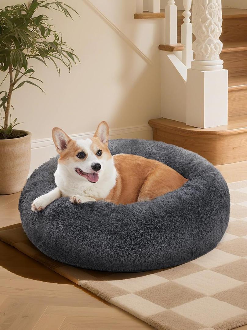 OhGeni 30 inches Orthopedic Donut Dog Bed Calming Cat Bed for Medium Size Pets, Warming Comfort Fluffy, Durable Waterproof Machine Washable Removable Cover, Round Bed for Puppy, Long Pile Gray