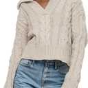 Women's V Neck Cable Pullover Sweaters Casual Long Sleeve Cropped Knitted Tops (Medium, Beige)