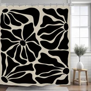 Kalmico Abstract Matisse Flower Shower Curtain 60Wx72L Inch Retro Vintage Aesthetic Minimalist Black Modern Bathroom Set Accessories Decor with 12 Pack Hooks