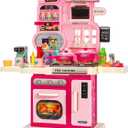 Kids Play Kitchen Set, Toddler Kitchen Playset with Light & Sound, Cooking Stove, Play Sink, Coffee Maker, Play Food Toy and Kitchen Accessories, Kitchen Toy for Kids Girls Boys - Pink
