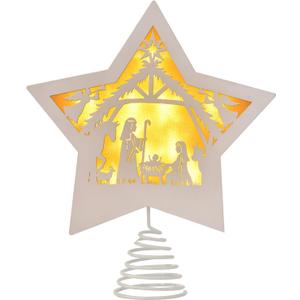GHOSTMAGIC Christmas Tree Topper Star Nativity 7.87 x 9.25 inches Wooden Xmas Tree Top Star with 3 Modes LED Light Treetop Decoration for Christmas Bar Shop Office Home Decor (White)