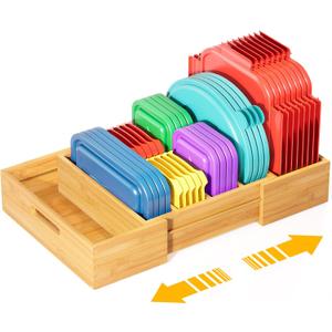 Kiasthome Expandable Bamboo Lid Organizers Inside Cabinet, Kitchen Cabinet Organizers with 3 Adjustable Dividers, Storage Plastic Lids, Food Container Lid Holder Organizer for Drawer Pantry, Nature