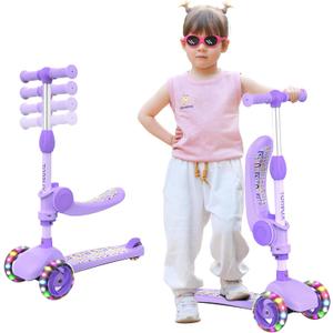 TONBUX Kids Scooter with Seat, 3 Wheels Scooter with PU Luminous Wheels, Non-Slip Handle and Wide Deck, Sensitive Brakes, 4-Level Adjustable Height, Scooters for Kids 2-8 Years, Purple 