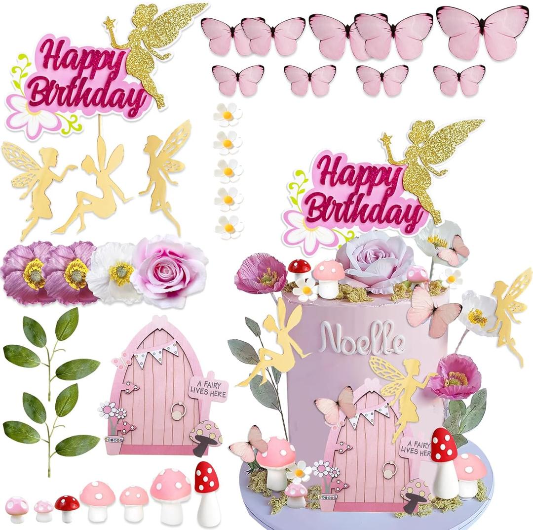 UFROMSKY 32PCS Fairy Cake Topper Decorations Glitter Fairy Happy Birthday Cake Decor Pink Butterfly Flowers Fairy Door Mushroom House Cake Pick for Fairy Birthday Party Fairy Garden Theme Baby Shower