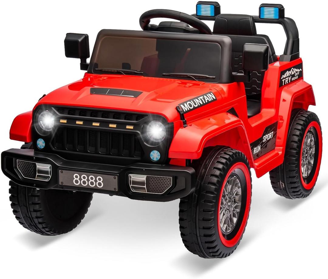 Hetoy Kids Ride On Truck Car, 12V Battery Powered Electric Car w/Parent Remote Control, Spring Suspension, 3 Speeds, LED Lights, Music & Horn, Kids Electric Vehicles Toy Gift for Boys Girls, Red