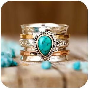 LRGKMCWTOB Vintage Sterling Silver Turquoise Ring for Women, Bohemian Style Handmade Dainty Ethnic Healing Stone Ring, Tribal Totem Cut Natural Turquoise Bridal Statement Ring Gift Size 9