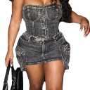 Women's Sexy 2 Piece Denim Outfits Off Shoulder Strapless Buttons Tops and Mini Cargo Skirts Club Sets (Black, S)