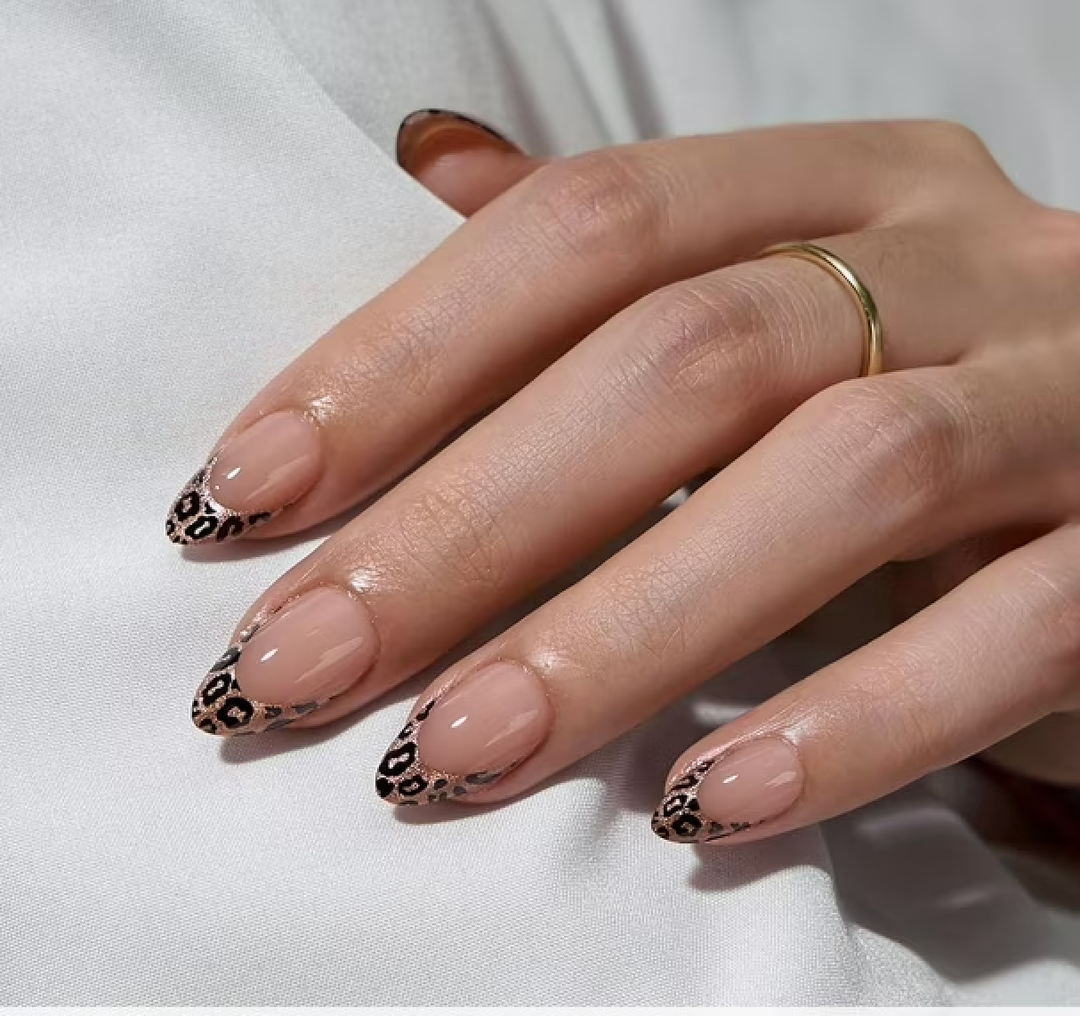 BTArtbox Press On Nails Almond  Espresso Leopard, LampCurable Short French Tip Press On Nails with Glue and Adhesive Tabs for Women, Soft Gel Glue On Nails in 16 Sizes  32 Stick On Nails Kit