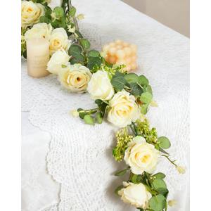 Lewondr Artificial Eucalyptus Garland with Flower, 2Pack 13FT Faux Floral Greenery Garlands Fake Flowers Vines, Maintenance-Free for Wedding Table Backdrop Party Centerpiece Room Decor, Champagne