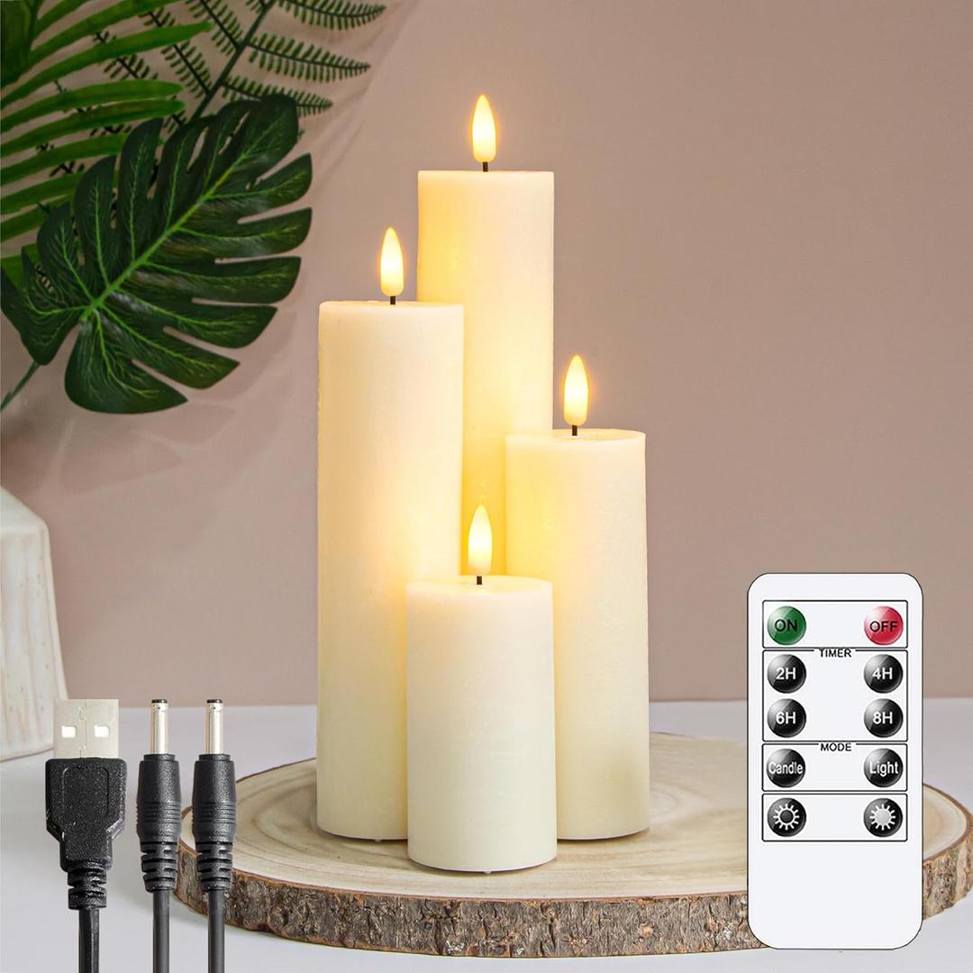 Rechargeable Flameless Flickering Tall Wax Remote 2.2" x4" 6" 8" 10" Ivory Candles, Timer Set of 4 LED Battery Operated Fake Warm Light Pillar Candles(Included USB Charging Cable with 2 Ports)