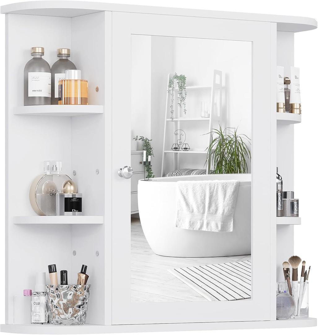 Shintenchi Bathroom Wall Cabinet with Mirror, Mounted Medicine Cabinets with 4 Internal and 6 Open Shelves, Mirrored Door Over The Toilet Storage, Solid White