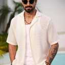 Mens Crochet Shirts Summer Fashion Knit Mesh Button Down Casual Cuban Top (S-XXL) (Beige, XL)