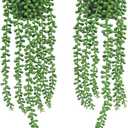 Floweroyal 2pcs Fake Hanging Plants Fake Potted String of Pearls Succulent Plants Small Faux Plants for Indoor Outdoor Shelf Wall Decor (Type2-green-2pcs)