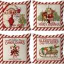 GAGEC Merry Christmas Throw Pillow Covers Candy Canes Elk Santa Claus Sleigh Rides Winter Outdoor Decorations Pillowcase Home Decor 18 x 18 Inch Living Room Cushion Case for Sofa Couch Set of 4