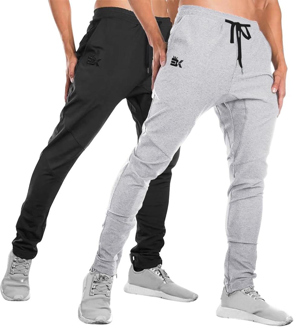 BROKIG Mens Jogger Sport Pants, Casual Zipper Gym Workout Sweatpants Pockets (Medium, Black/Light Grey)