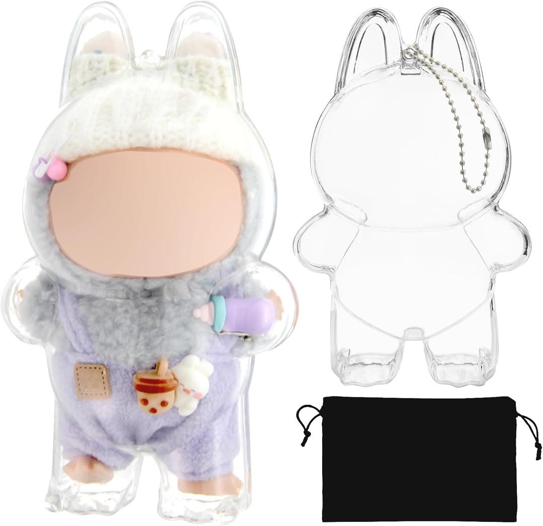 3 x Protective Case for LABUBU, Plastic Clear Display Box with Key Chain for Dolls, Protective Cover for Plush Toy, Transparent PVC Bag for Storage (No Doll, 17cm)