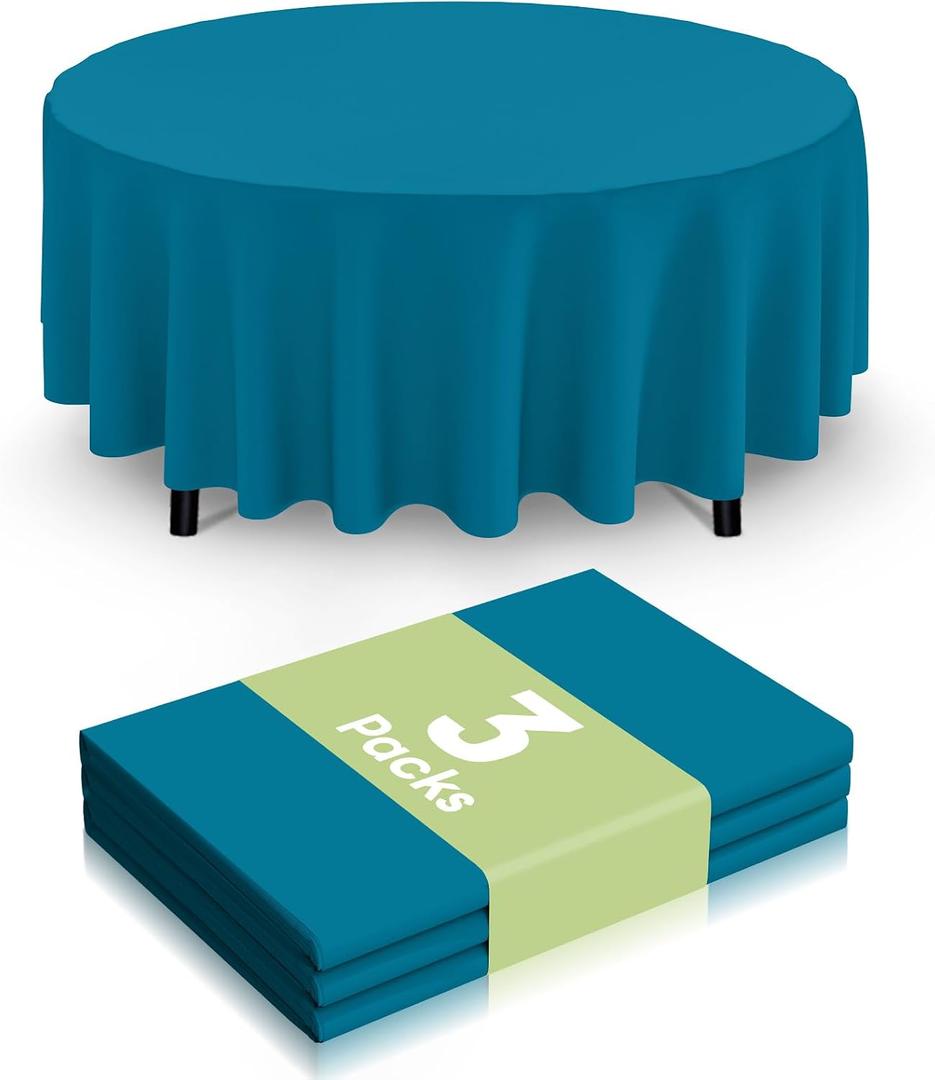 Smiry Disposable Table Cloth 3 Pack, 84 Inch Round Waterproof Plastic Tablecloth, Decorative Round Table Covers for Party, Birthday, Picnic, Aqua