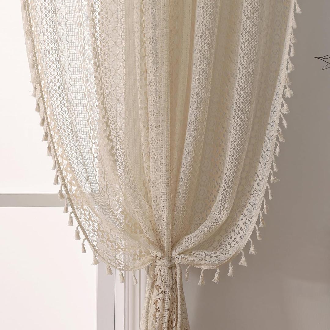 WAZZIO Boho Lace Curtains 72 Inches 2 Panel,Light Filtering Privacy Tassel & Geometry Crochet Semi Sheer Curtain Drapes for Bedroom Living Dining Room,Rod Pocket & Tassel,Vintage French Country,Beige