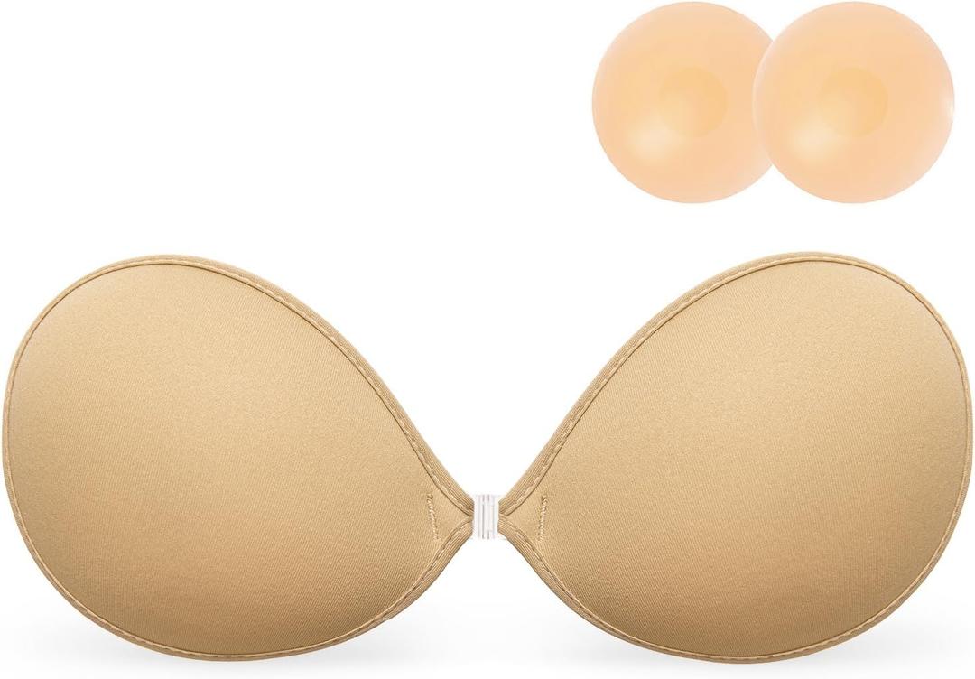 Wingslove Adhesive Bra Reusable Strapless Self Silicone Push-up Invisible Sticky Bras for Backless Dress (Beige, S)