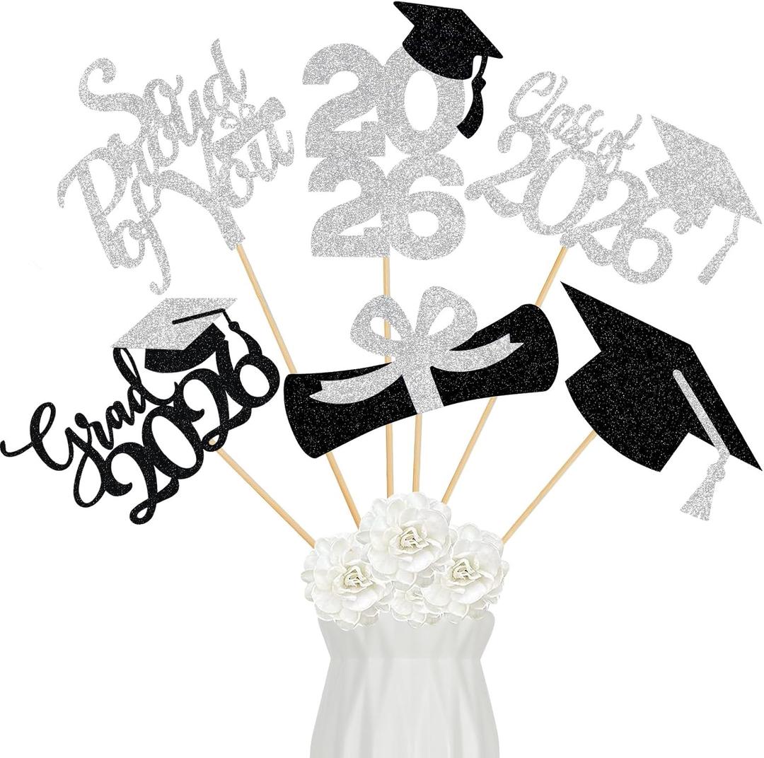 2 x 24Pcs 2026 Graduation Table Centerpieces Silver and Black, Graduation Centerpieces for Tables 2026 Silver Graduation Centerpiece Sticks for 2026 Graduation Party Table Decorations Silver