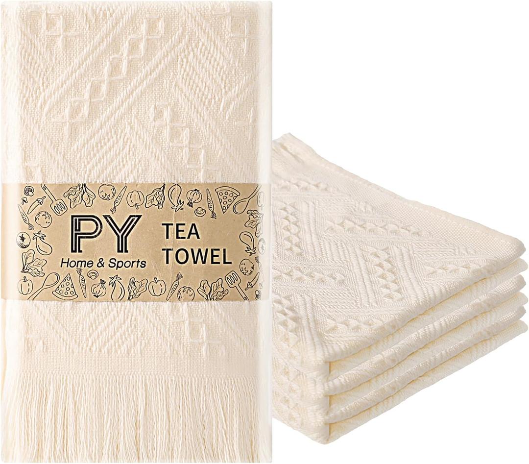 PY HOME & SPORTS Dish Towels Set, 100% Cotton Boho Kitchen Towels 4 Pieces, Super Absorbent Kitchen Hand Dish Cloths for Drying and Cleaning 13 x 29 Inches Beige
