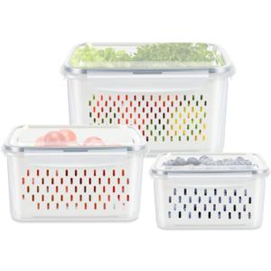 3 Pack Fruit Storage Containers for Fridge, Produce Saver Vegetable Container with Drain Colanders - Refrigerator Organizer for Lettuce Berry Keepers