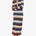 PRETTYGARDEN Women's Striped Spring Midi Sweater Dress Fall Long Sleeve Button Up V Neck Knit Bodycon Vacation Party Dresses Stripe Red Rose Size 2XL 
