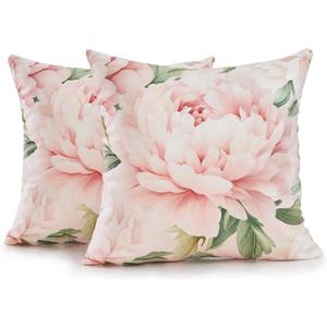 Pink Floral Throw Pillow Covers 16x16 Set of 2, Decorative Peony Flower Cushion Cases, Soft Plush Pillow Covers for Farmhouse Sofa Couch Bed Home Decor