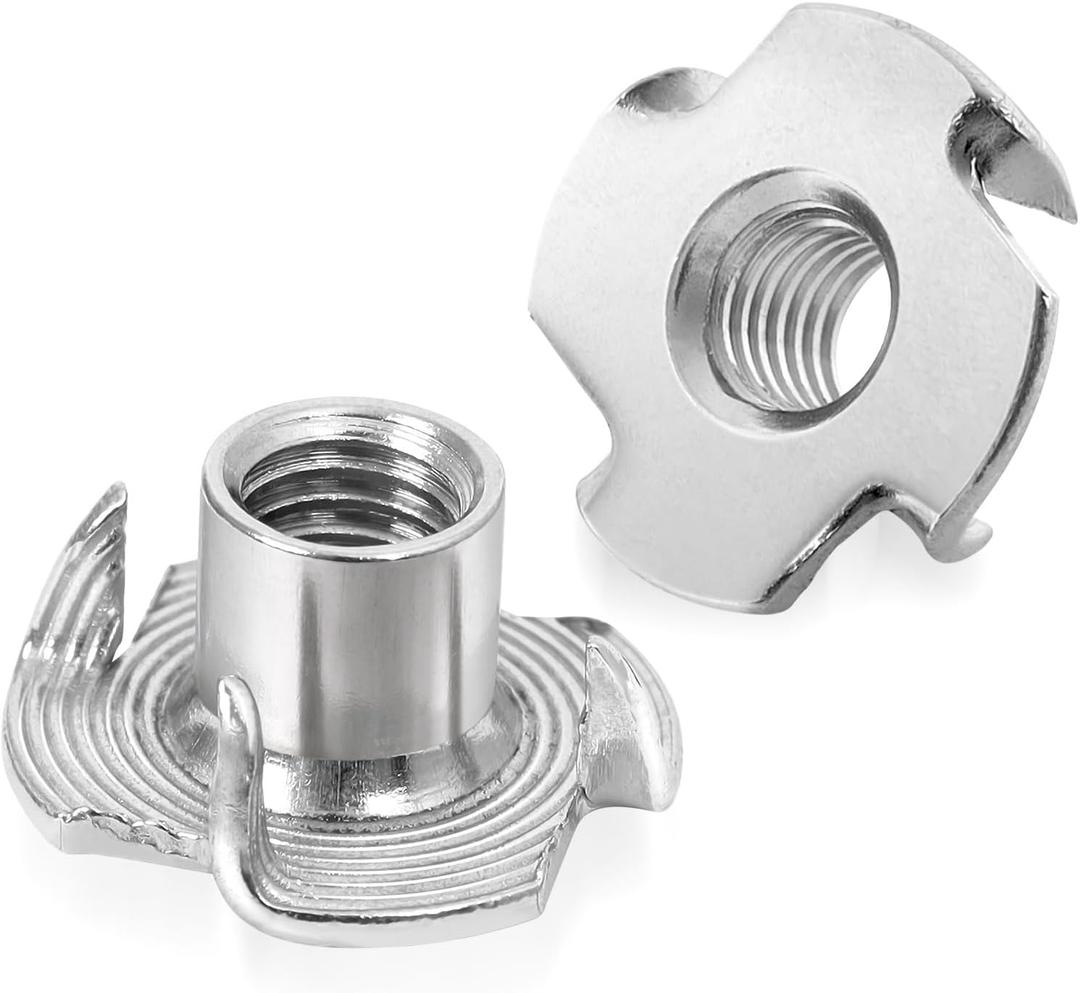 1/4"-20 Stainless Steel T-Nuts Durable Anti-Corrosion Threaded Inserts Tee Nut Four Prongs Nut for Wood and Furniture, 50 PCS
