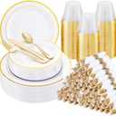 WELLIFE 700 Pcs Gold Plastic Plates for 100 Guests - Party Supplies Includes 200 Gold Plastic Plates,300 Silverware,100 Napkins,100 Cups for Party,Disposable Dinnerware Set