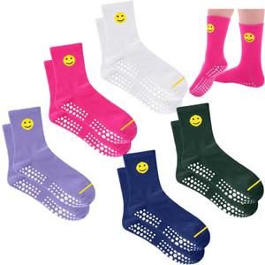 Jeyiour 5 Pairs Coquette Bow Socks for Women Pure Cotton Non Slip Pilate Grips Socks with Embroidered for Yoga Barre Ballet (Smiley Face)