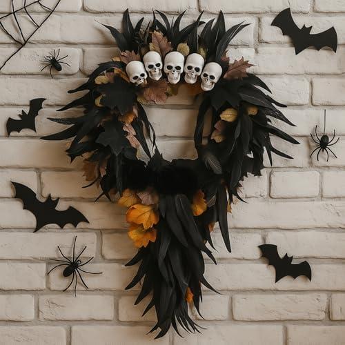 Suncalla Halloween Wreath for Front Door 24 Inch Large Artificial Skulls Black Artificial Roses, Skeleton, Maple Leaves Outdoor Wreath Decor, Scary Creepy Halloween Decorations for Front Door and Wall