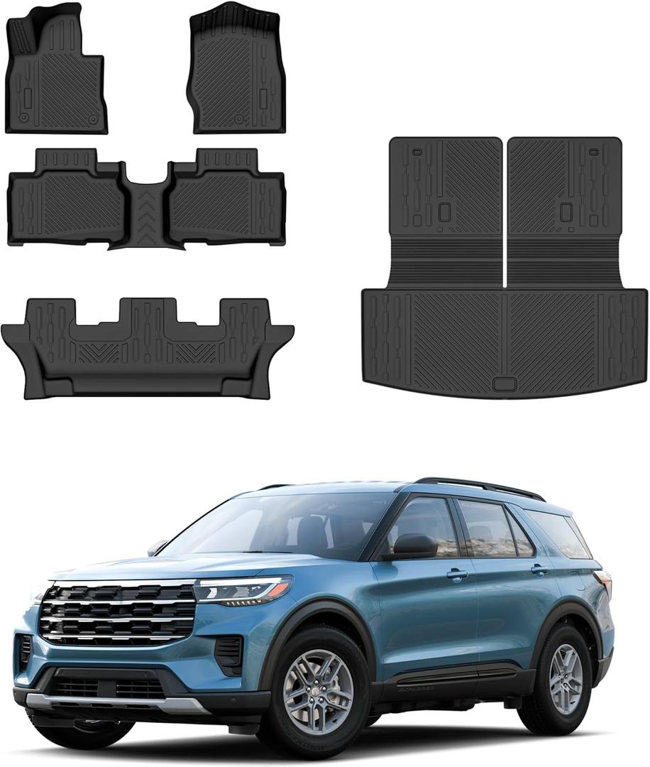 SHINJEW Floor Mats for 2020-2025 Ford Explorer (7 Seats),All Weather TPE Floor Mats & Backrest mats & Trunk mat for Ford Explorer Accessories,Full Set mats