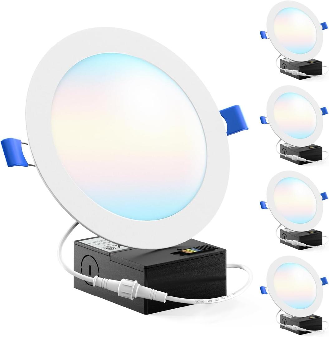 Sunco 6 Inch LED Recessed Light, Canless Ceiling Lights Slim with Junction Box, 850 LM, 14W (100W Equivalent), Selectable CCT 2700K/3000K/4000K/5000K/6000K, Dimmable, Wafer Thin ETL 4 Pack.