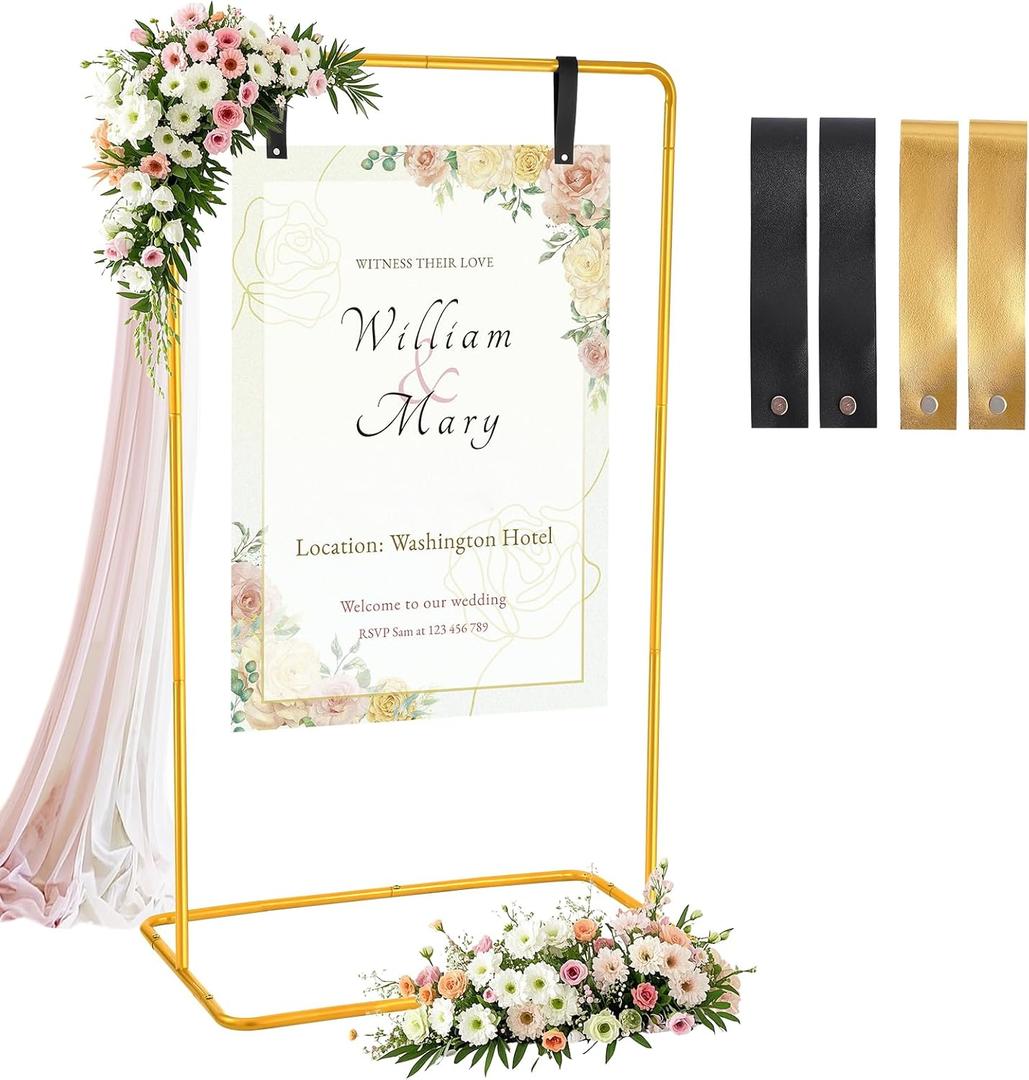Wedding Welcome Sign Holder Personalized, Gold Welcome to Our Wedding Hanging Sign Holder with Leather Sign Straps, Easel Stand for Sign,Adjustable Wedding Seating Chart Stand