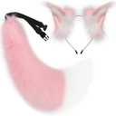 Faux Fur Furry Cat Ears Headband and Fox Wolf Tail Plush Cosplay Costume Accessories Set Halloween Parties (Pinkwhite)
