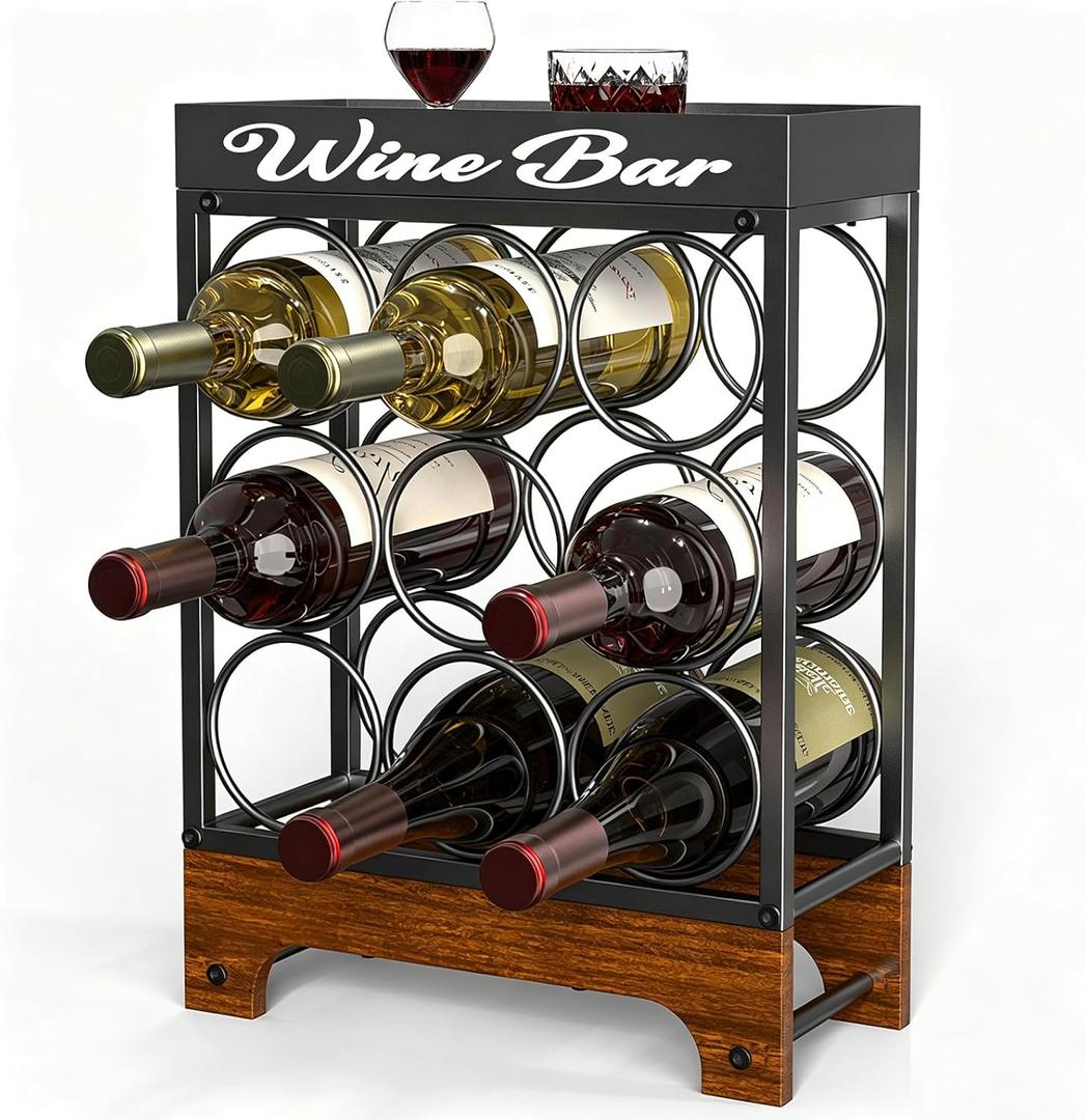 9 Bottles Wine Racks Countertop Freestanding with Top Tray, Modern Black Metal &Wood, 3 Tier Tabletop Wine Holder Stand for Home Kitchen Bar, Cabinet, Pantry, Wine Bottle Storage
