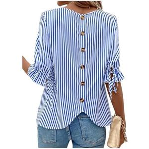 SweatyRocks Women's Button Back Decor Half Sleeve Crewneck Striped Blouse Tops Size M