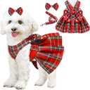Dog Dress Bowknot Harness Leash Set for Small Dogs Girl Cute Plaid Dog Dress Pearls Bow Tie Spring Summer Princess Clothes Birthday Holiday Doggie Outfits for Puppy Cats Girl Apparel (Red, Small)