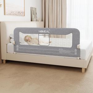 HOMEAL Bed Rail for Toddlers, 59" Extra Long Swing Down Bed Guard with Double Reinforced Stability, Foldable Metal Safety Rail for King, Queen, Full & Twin Beds, Grey, 59in