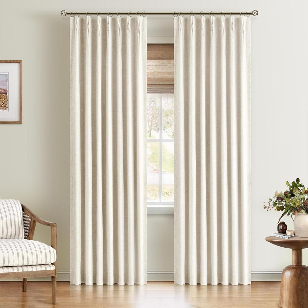 Pinch Pleated Blackout Curtains 72 Inch Long, Linen Blend, 100% Blackout Drapes with 20 Hooks, Ideal for Bedroom and Living Room, 40" W x 72" L (Pack of 2), Natural