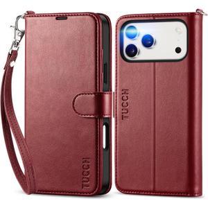 TUCCH Case Wallet with Wrist Strap for iPhone 17 Pro Max (6.9"), Dark Red | 4 Card Slots, RFID Blocking, Kickstand, Shockproof TPU Shell, PU Leather, Magnetic Closure, Folio Flip Cover