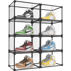 Magnetic Side Open Transparent Plastic Storage Shoe Box Clear Shoe Display Case Sneaker Shoe Storage Box Display Box Shoe Container Clear Closet Shelf Shoe Organizer (Black 8PC) (Black Aluminum Frame)