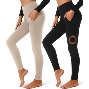 FULLSOFT 2 Pack Fleece Lined Leggings with Pockets for Women High Waisted Thermal Winter Yoga Pants for Workout Running S/M