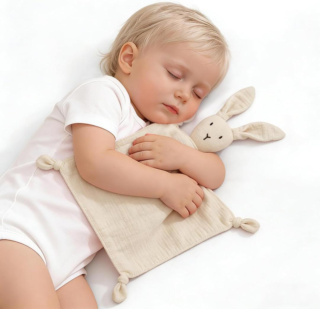 ZIGJOY Bunny Lovey Muslin Cotton Baby Security Blanket Soft Breathable Lovies for Babies Gifts for Newborn Infant Toddler Boys and Girls, Khaki