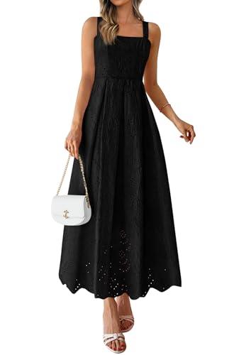 PRETTYGARDEN Womens Sleeveless Maxi Summer Dresses 2026 Hollow Out Eyelet Square Neck Ruffle Flowy Beach Vacation Sundress (Black,Large)