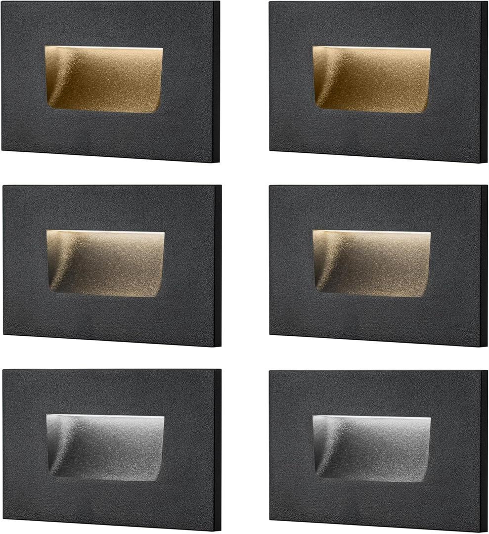 FTL Stair Lights Indoor LED Outdoor Step Lights 12V, Low Voltage 3000K/4000K/5000K Color Changing Deck Stair Light 3.5W 150LM Stairway Lighting, Waterproof Deck Step Lights Black Aluminum, 6 Pack